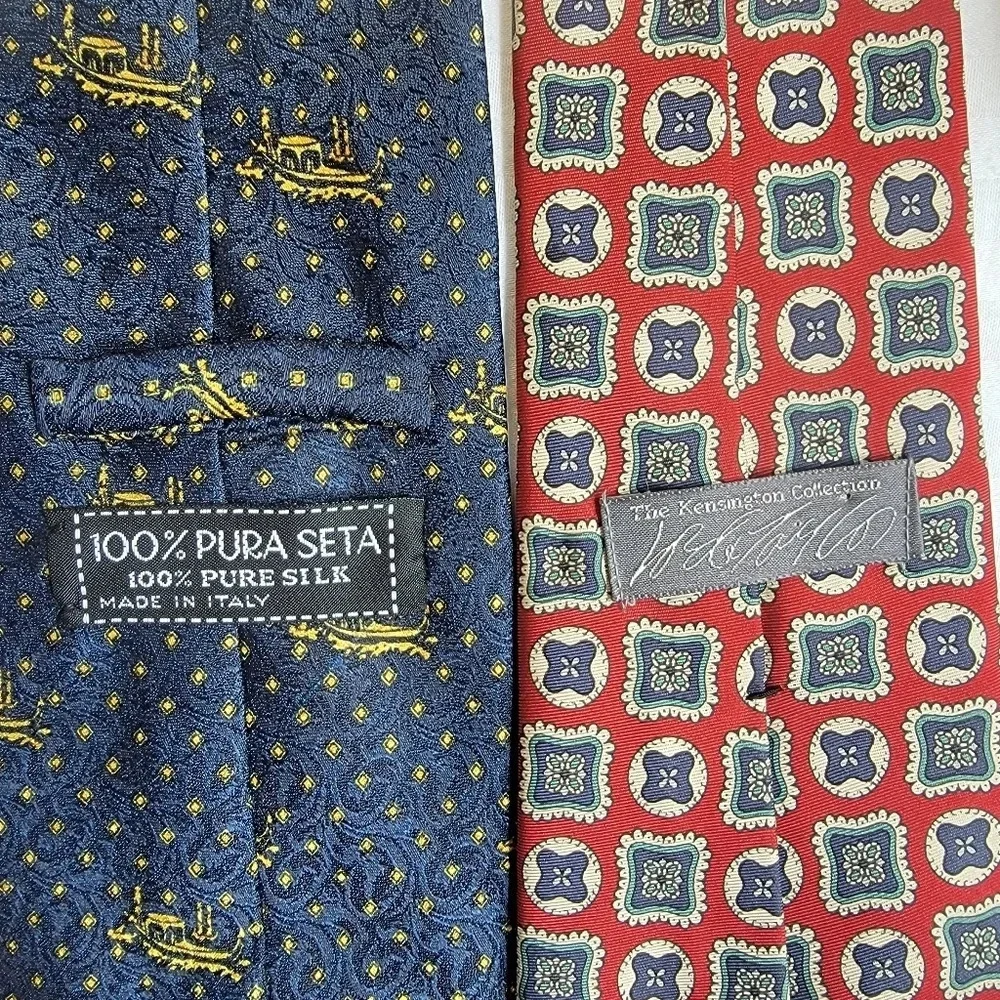 Pair Of Mens 100% Silk Ties. Red Blue Gold. Lord And Taylor. Italian Silk